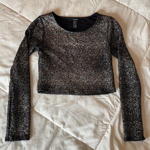 Forever21 Silver and Black Glitter Long Sleeve Crop Top Size Small